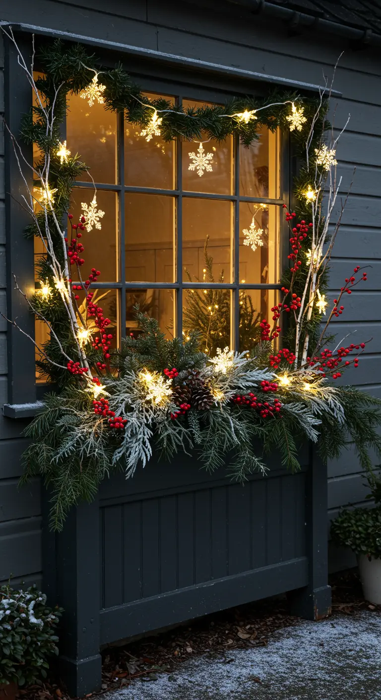 A festive window box filled with pine, red berries, birch branches, and snowflake lights.