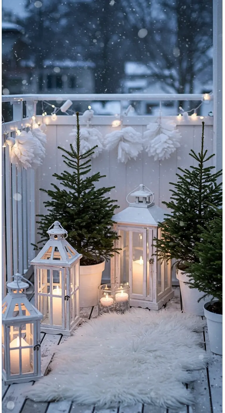 A snowy, all-white balcony with white lanterns, small trees, and feather decorations.