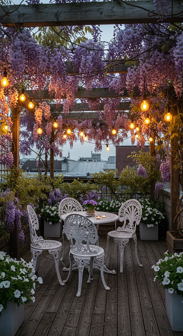 An enchanting rooftop dining area covered in a dense canopy of purple wisteria and lights.