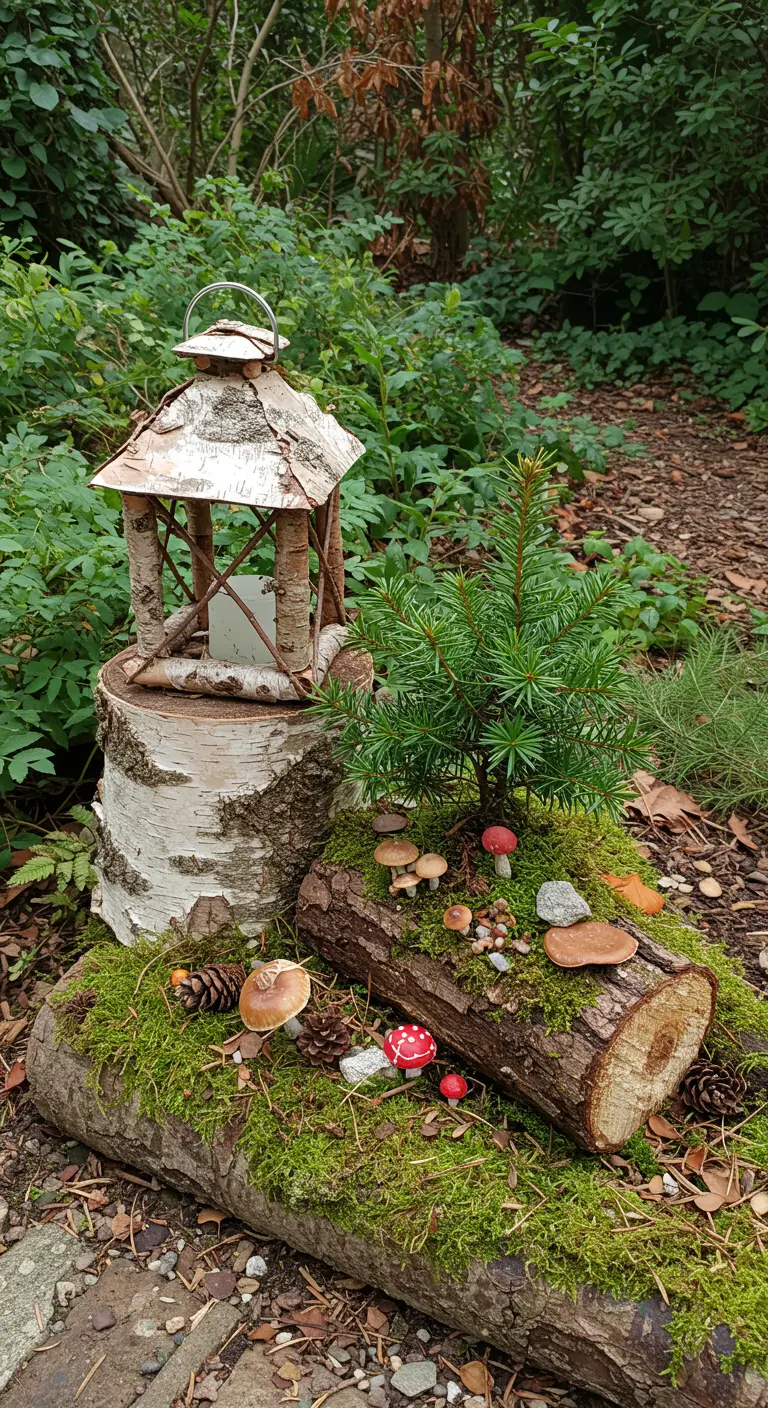 A miniature woodland scene with a birch lantern, logs, moss, and mushrooms.