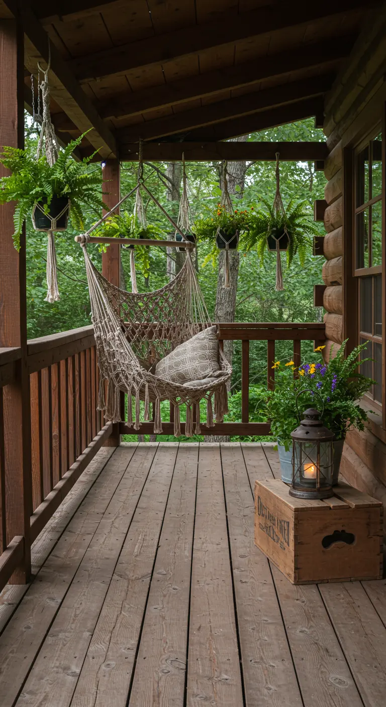 A macramé hammock chair on a rustic wooden porch of a log cabin, surrounded by ferns.