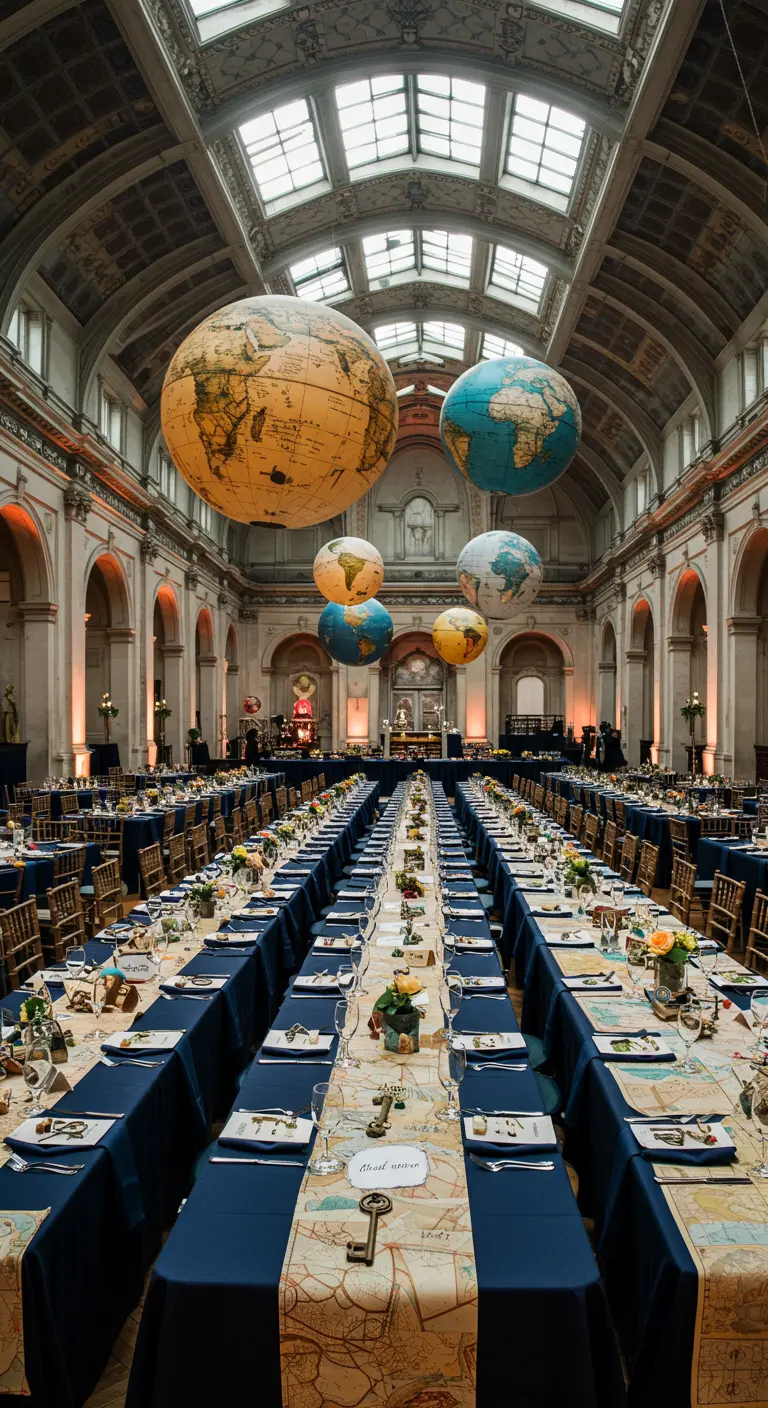 Grand hall decorated with massive inflatable globes hanging from the ceiling.