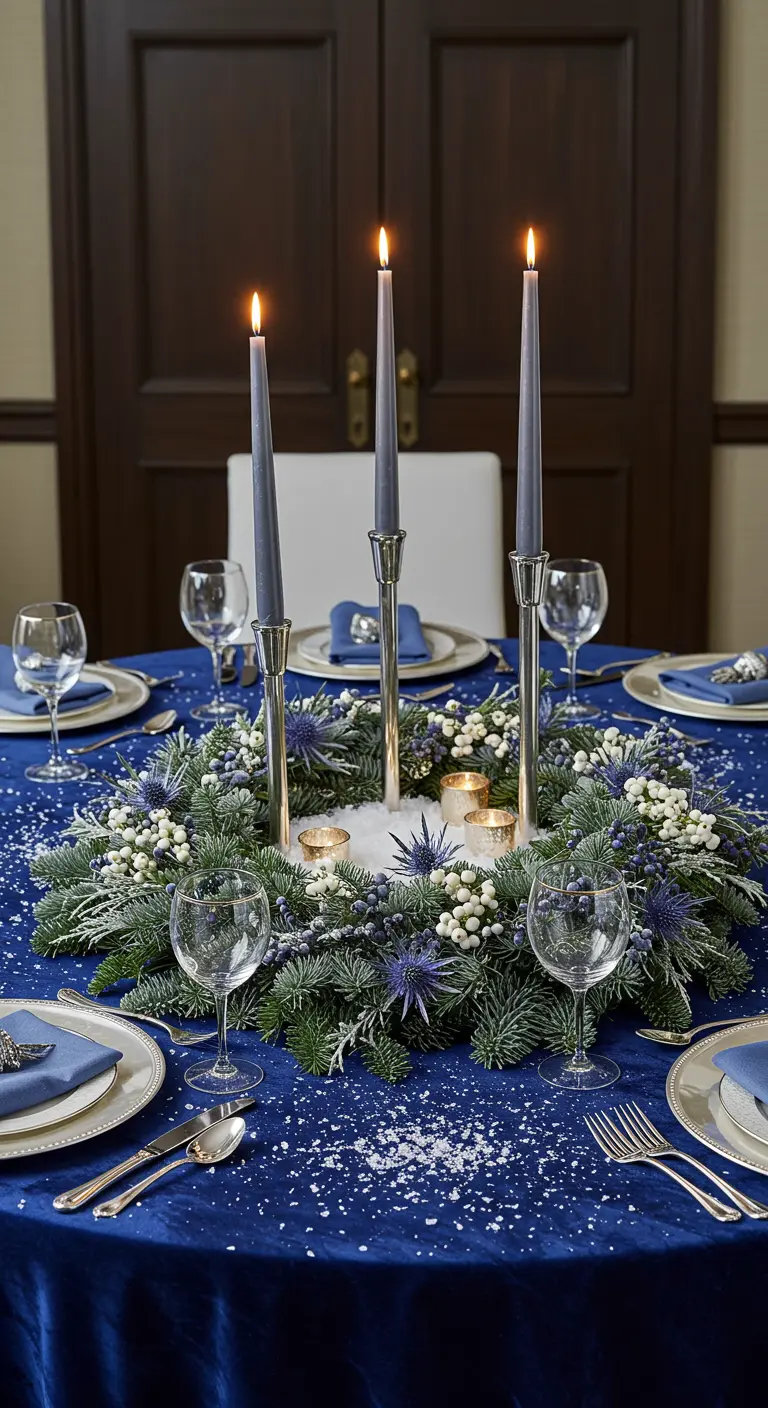A round table with a blue velvet cloth and a large evergreen wreath centerpiece.