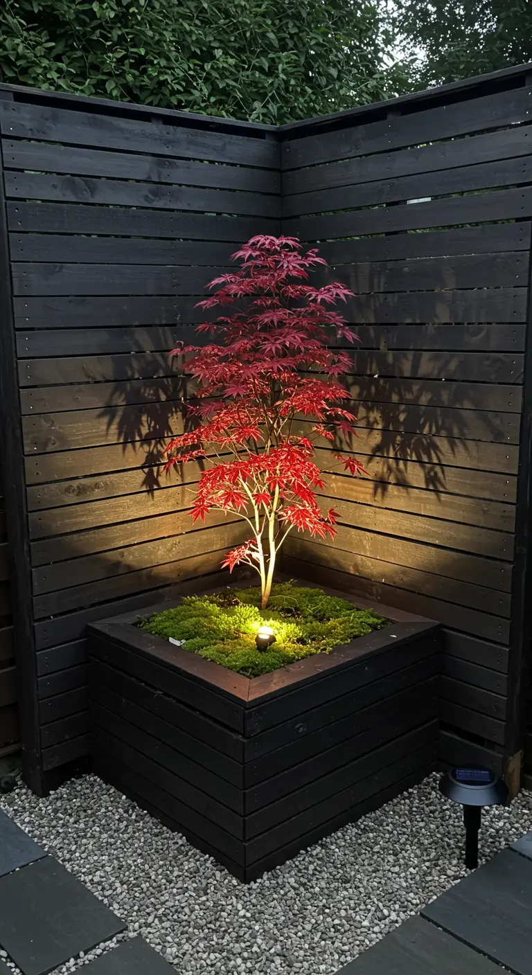 A black corner pallet screen with a planter containing a red Japanese Maple, uplight from below.