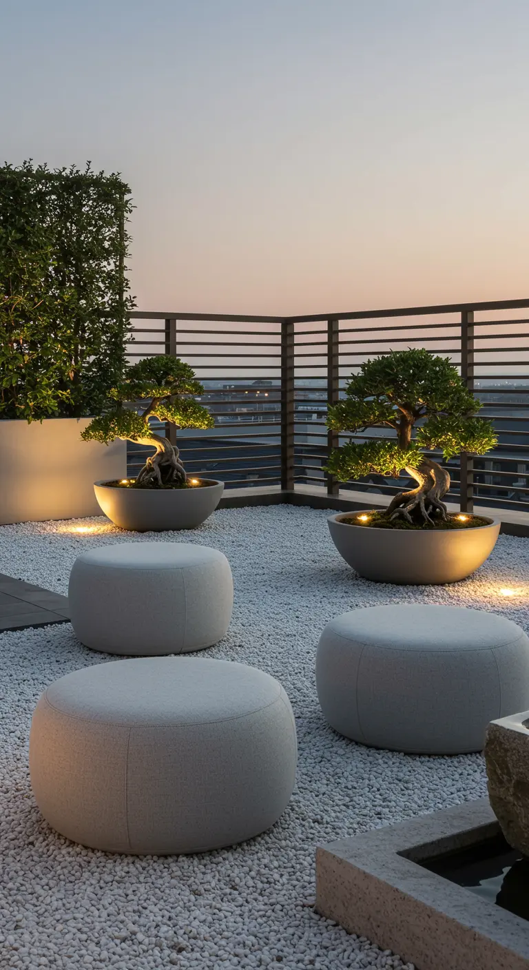 Minimalist zen rooftop with bonsai trees in lit bowls, white gravel, and light grey poufs.