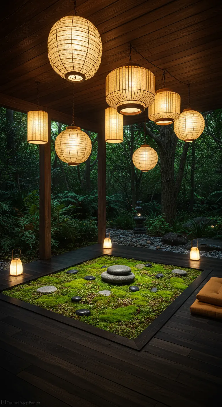 Japanese-style deck with paper lanterns hanging over a sunken moss and stone garden.