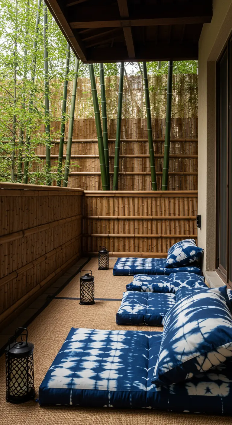 A Japanese-style balcony with bamboo walls and blue and white floor cushions.