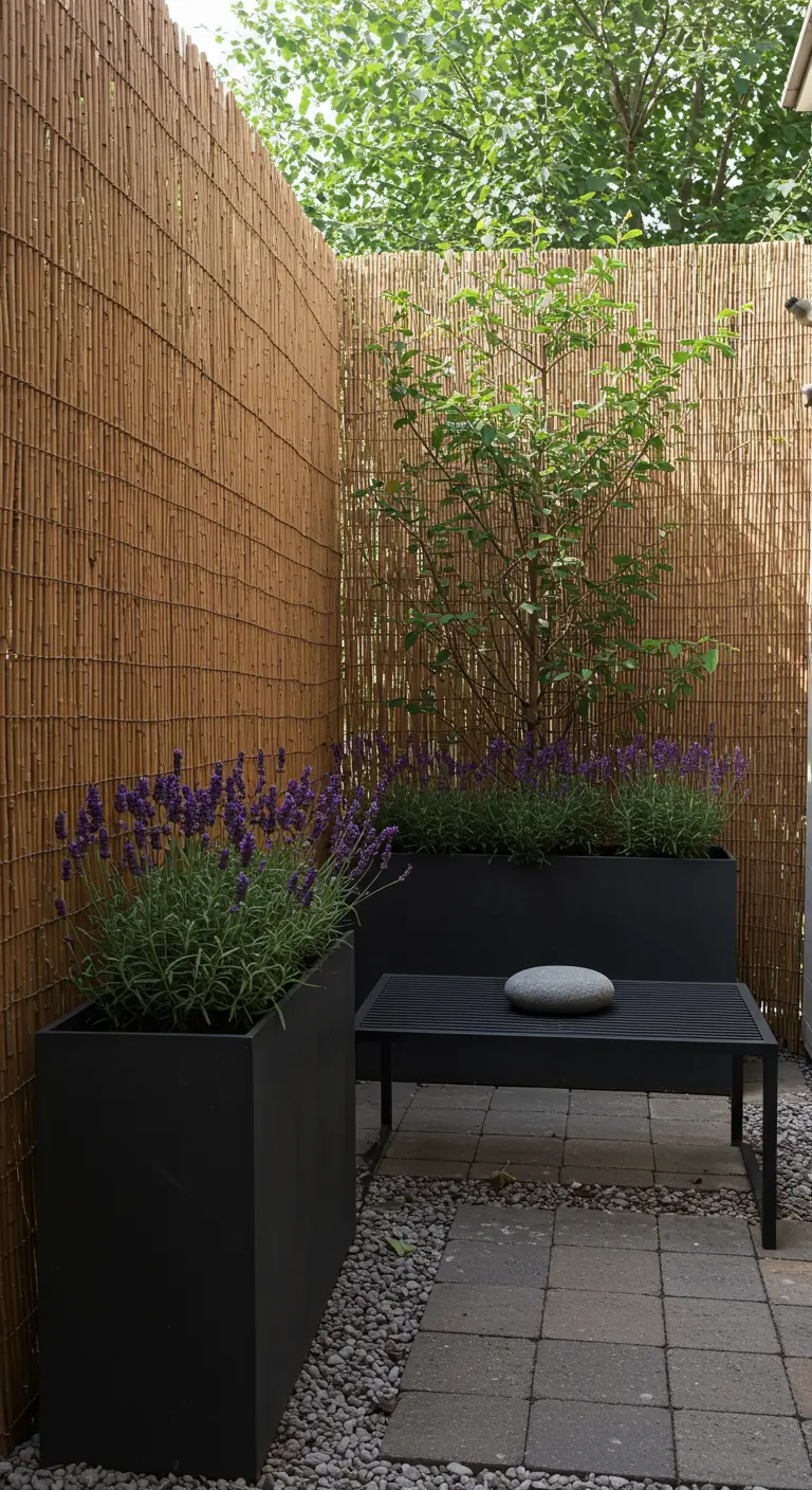 A small patio with a black bench, black planters with lavender, and a tall bamboo privacy screen.