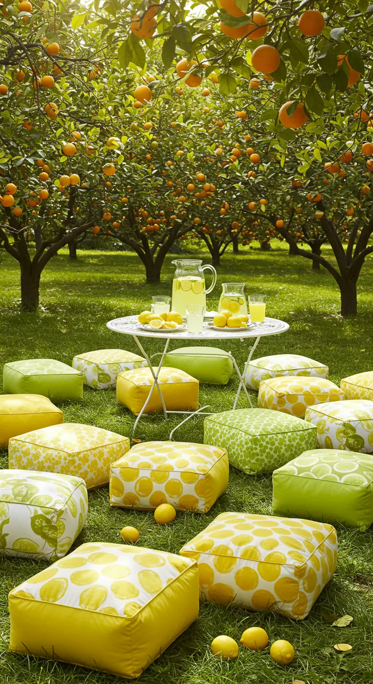 Yellow and green poufs with lemon prints scattered on the grass in a lemon grove.