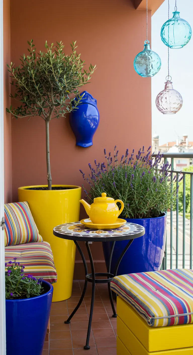 Colorful balcony with blue and yellow pots, striped cushions, and a mosaic table.