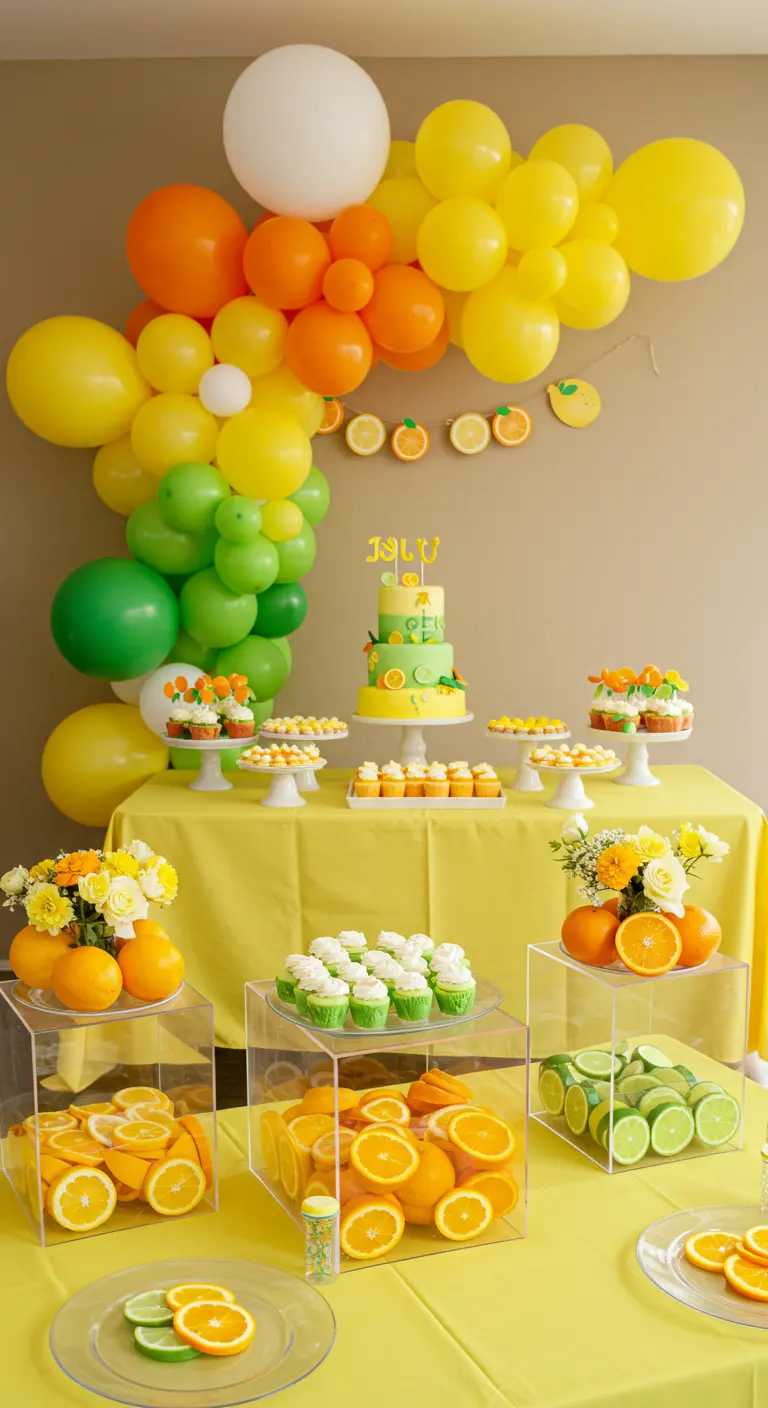 Citrus-themed party with a colorful balloon arch and acrylic boxes filled with fruit.