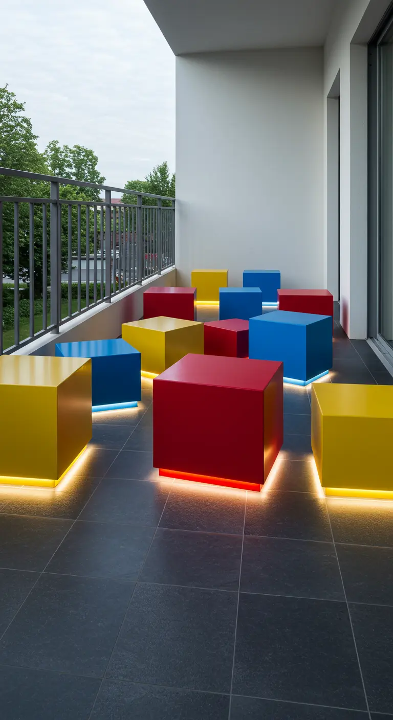 Red, yellow, and blue cube-shaped seats and planters with underglow lighting on a dark tiled balcony.