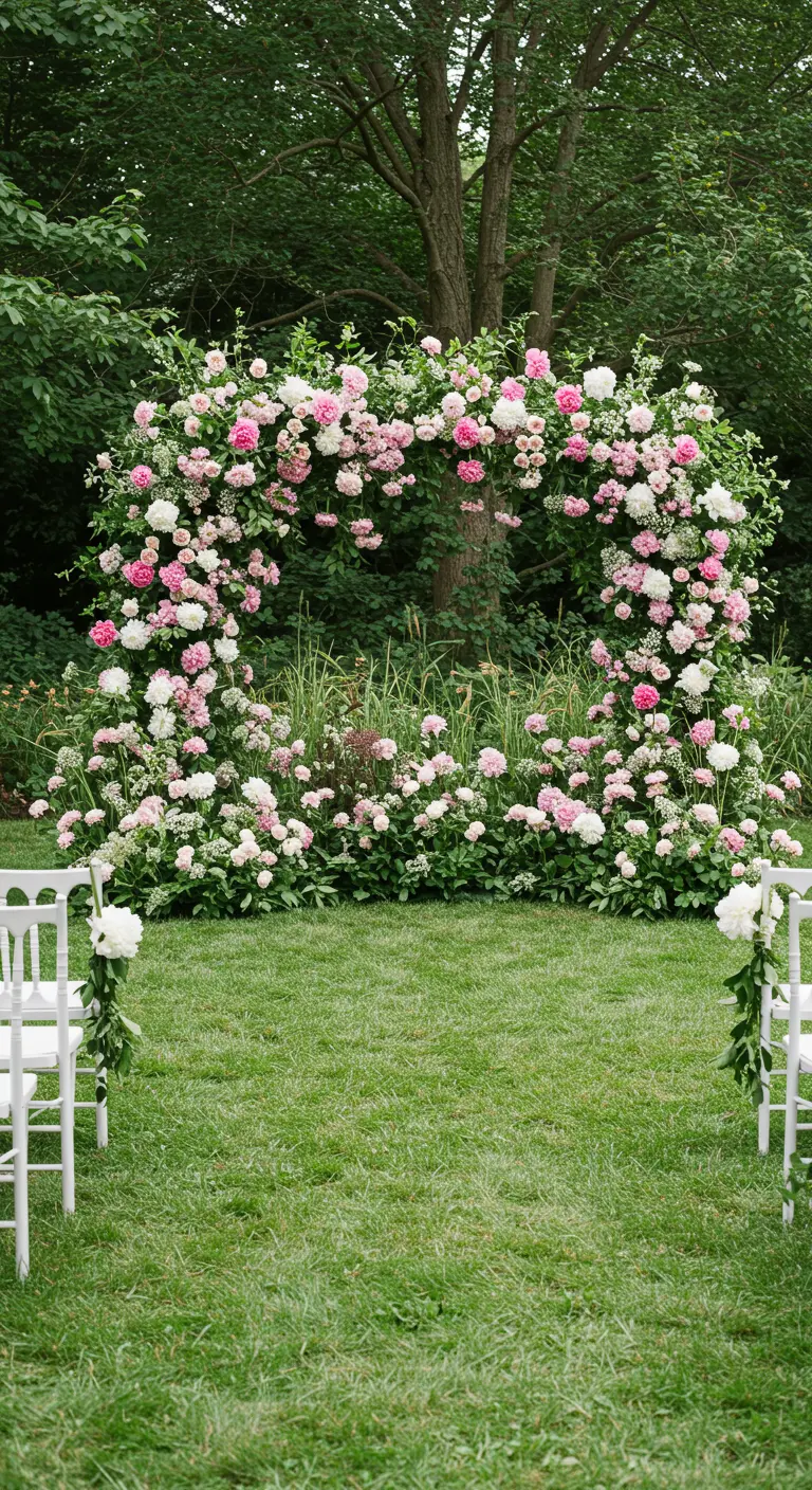 A lush, full wedding arch of pink and white peonies that blends into the garden.