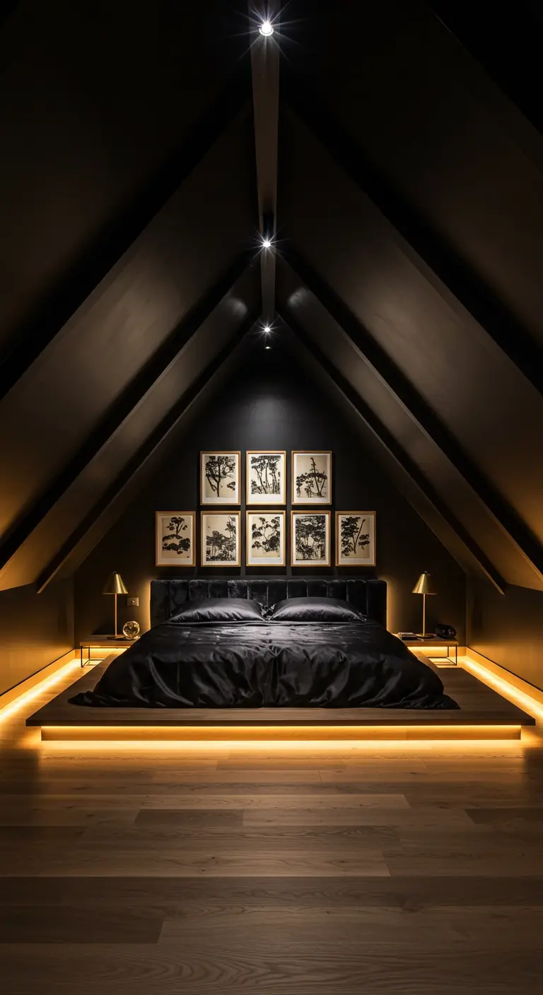 Black attic bedroom with a floating platform bed illuminated by hidden LED lights.