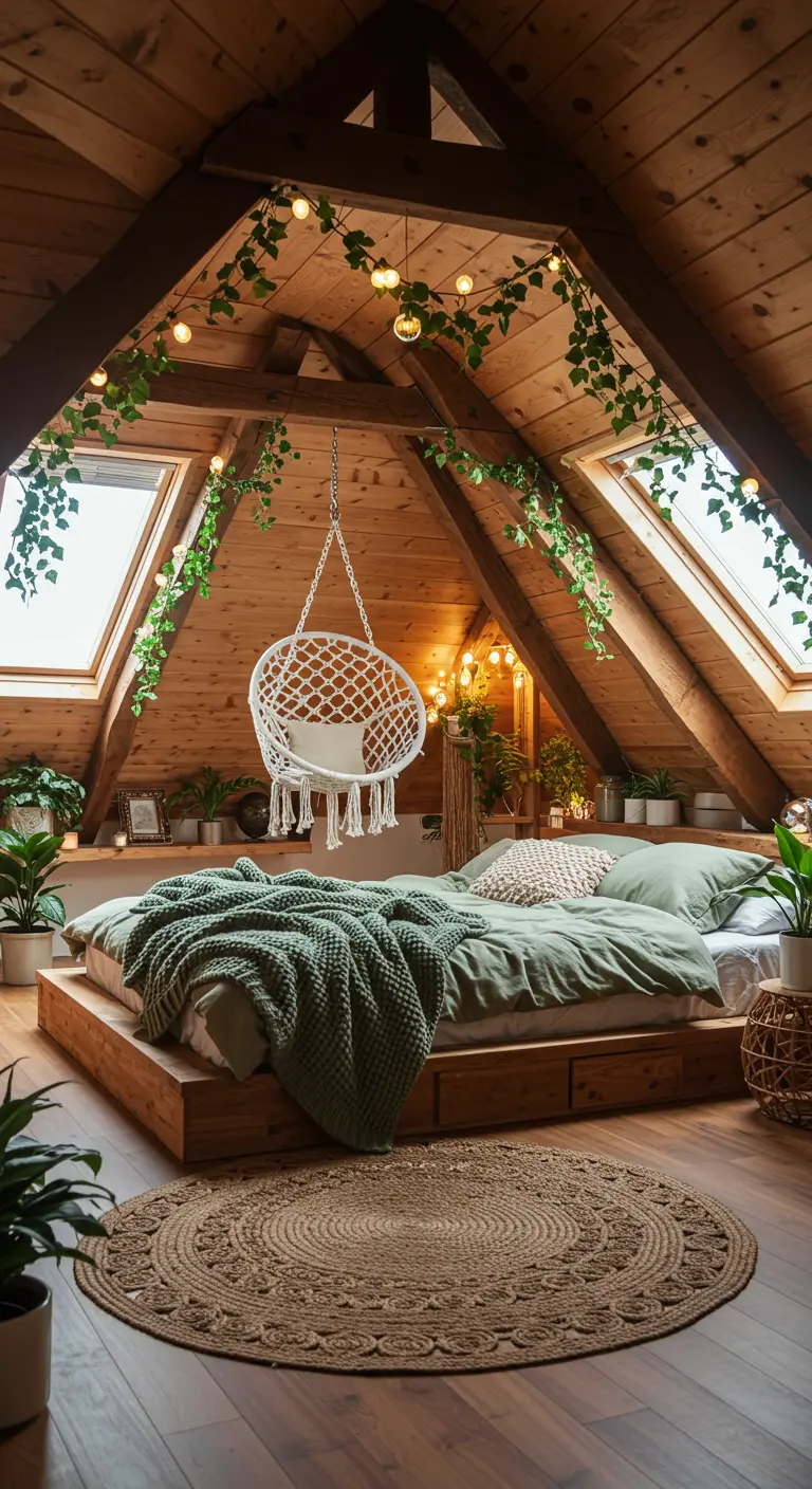 Attic bedroom with wood-paneled ceilings, a hanging chair, and string lights with ivy.
