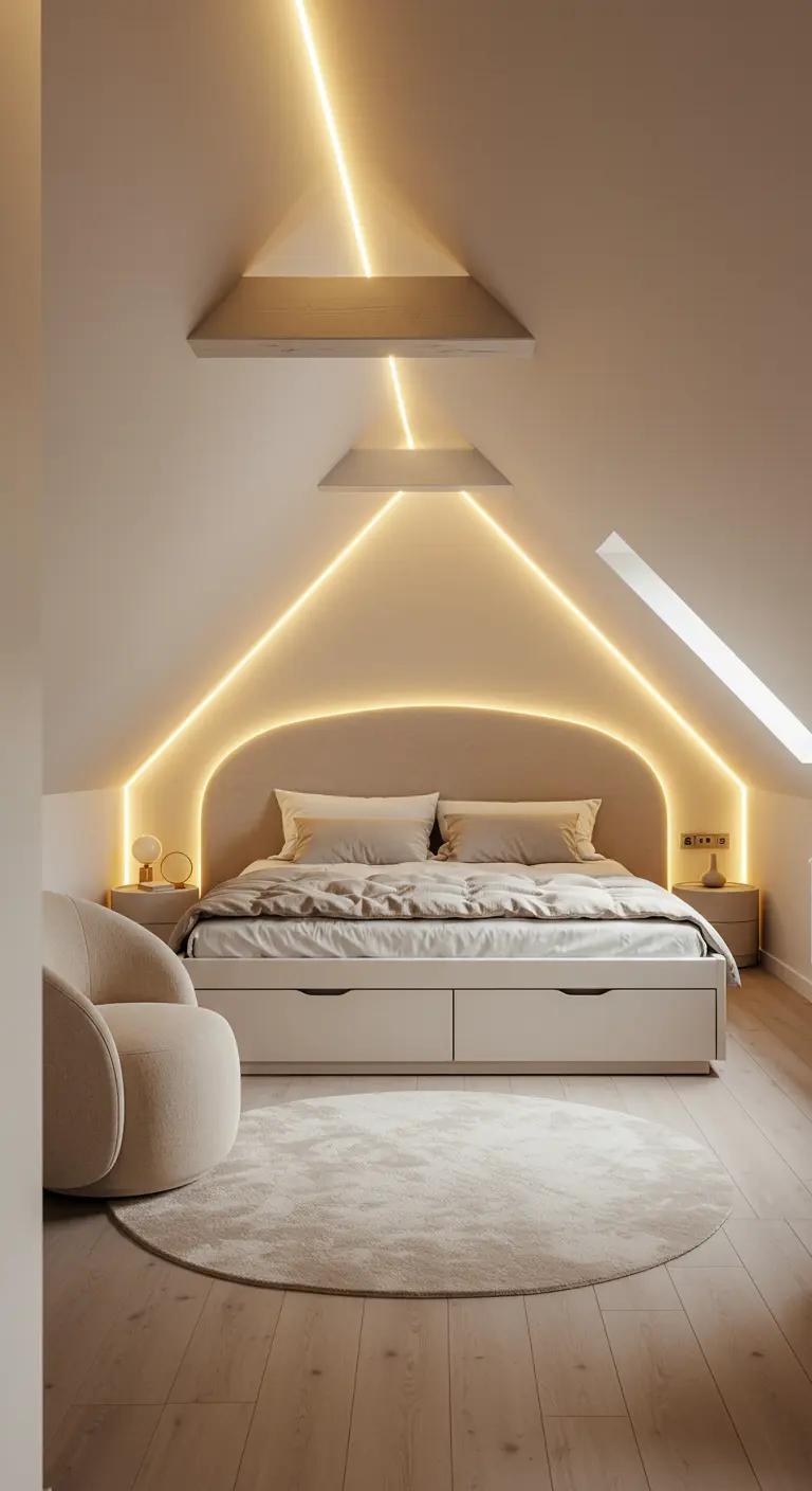 Attic bedroom with LED lighting that traces the architectural lines of the sloped ceiling.