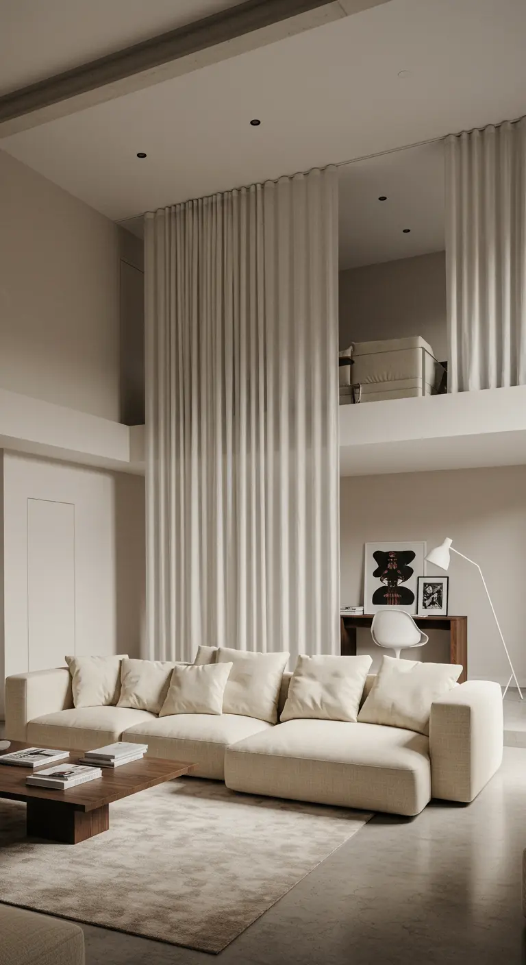 A double-height loft living room with an off-white sectional and very long curtains.