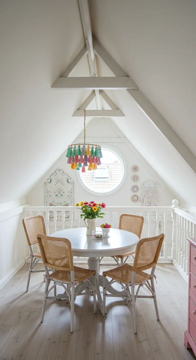 Attic dining nook with a round window and a colorful tassel chandelier.