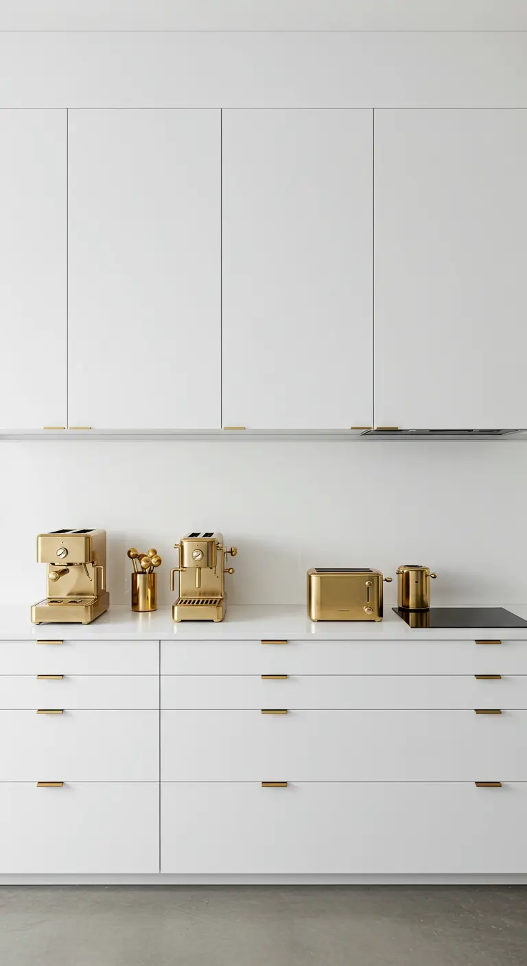Minimalist white kitchen with sleek gold cabinet pulls and matching gold appliances.