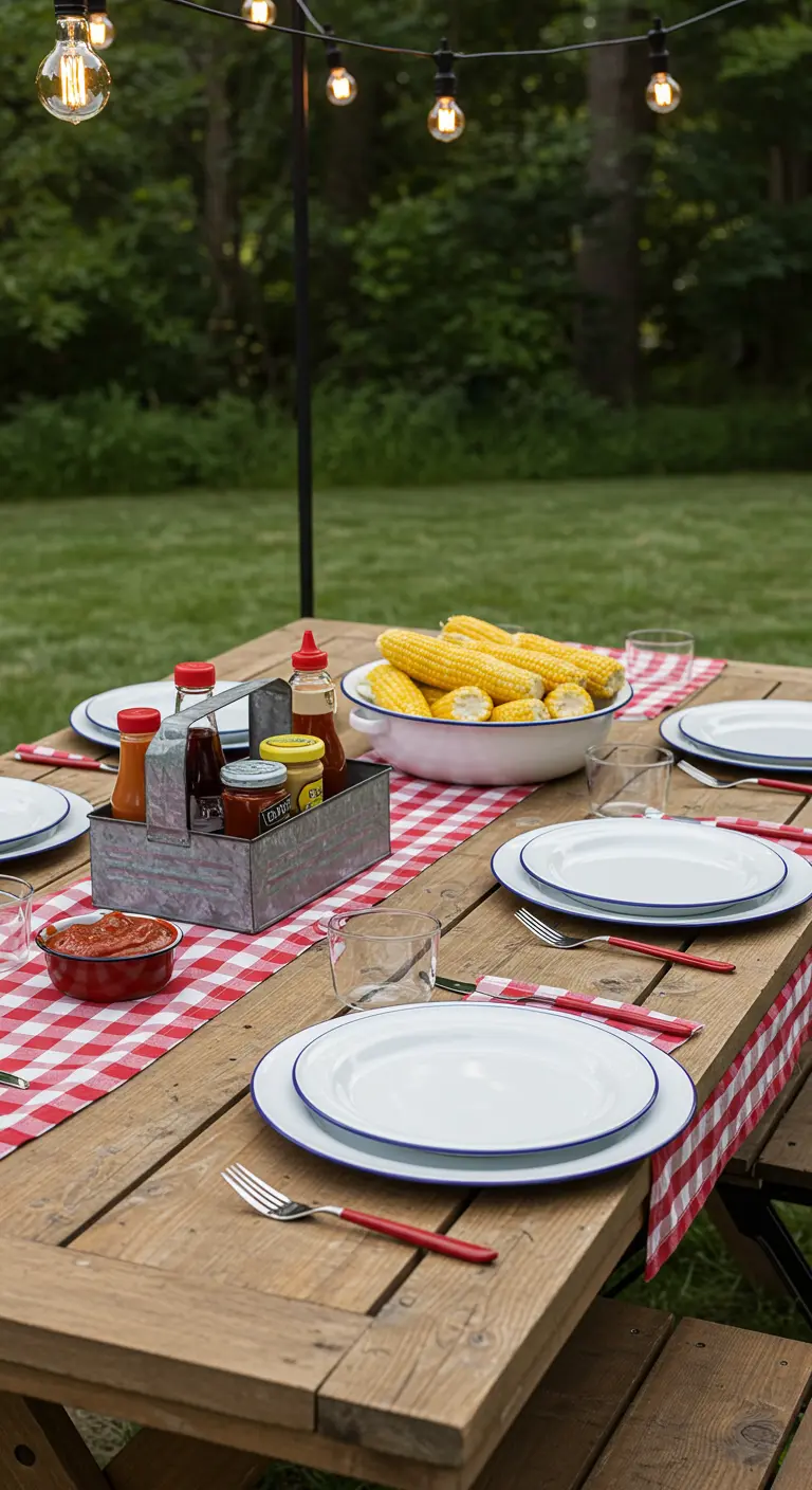 Outdoor picnic table with a red gingham runner and a galvanized condiment caddy.