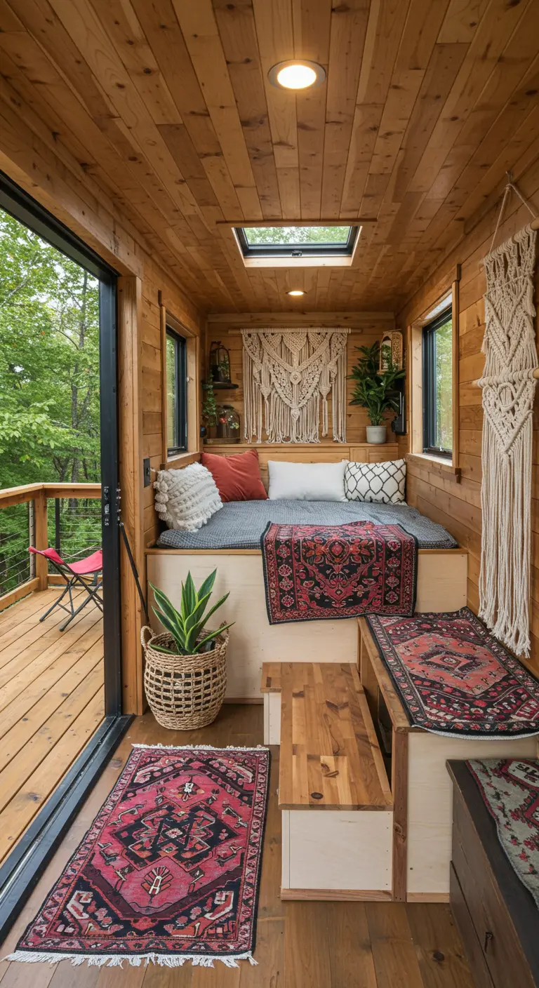 Cozy bohemian-style tiny home interior with layered rugs, pillows, and macrame.