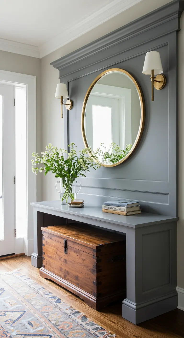 A gray paneled wall that forms a built-in console table with a vintage chest underneath.