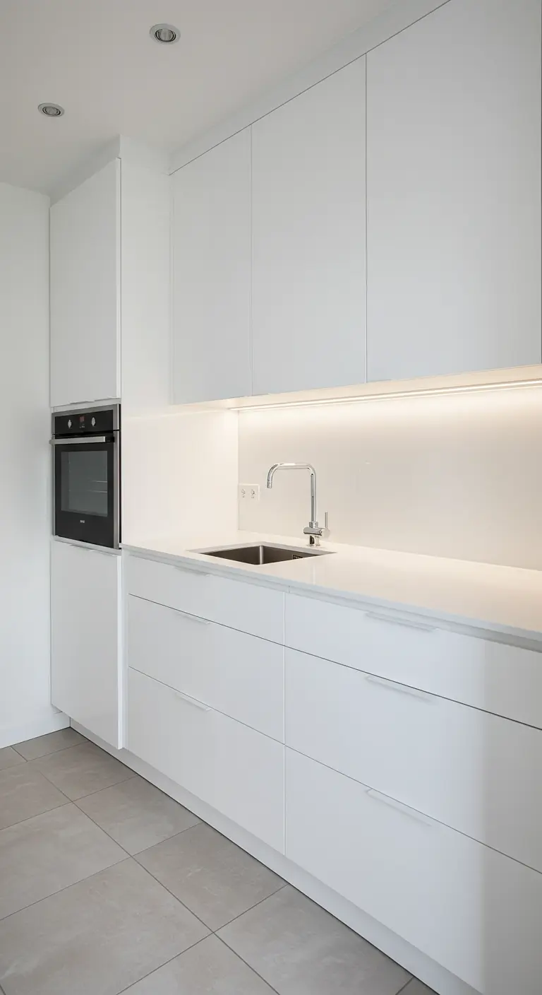 Close-up of handleless white kitchen cabinets with integrated pulls and under-cabinet lighting.