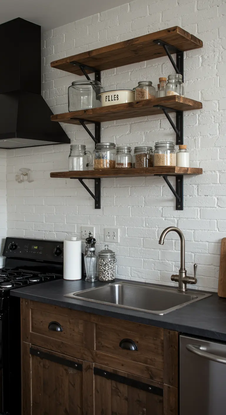 Industrial-style kitchen with open wood shelving, a white brick wall, and a black range hood.