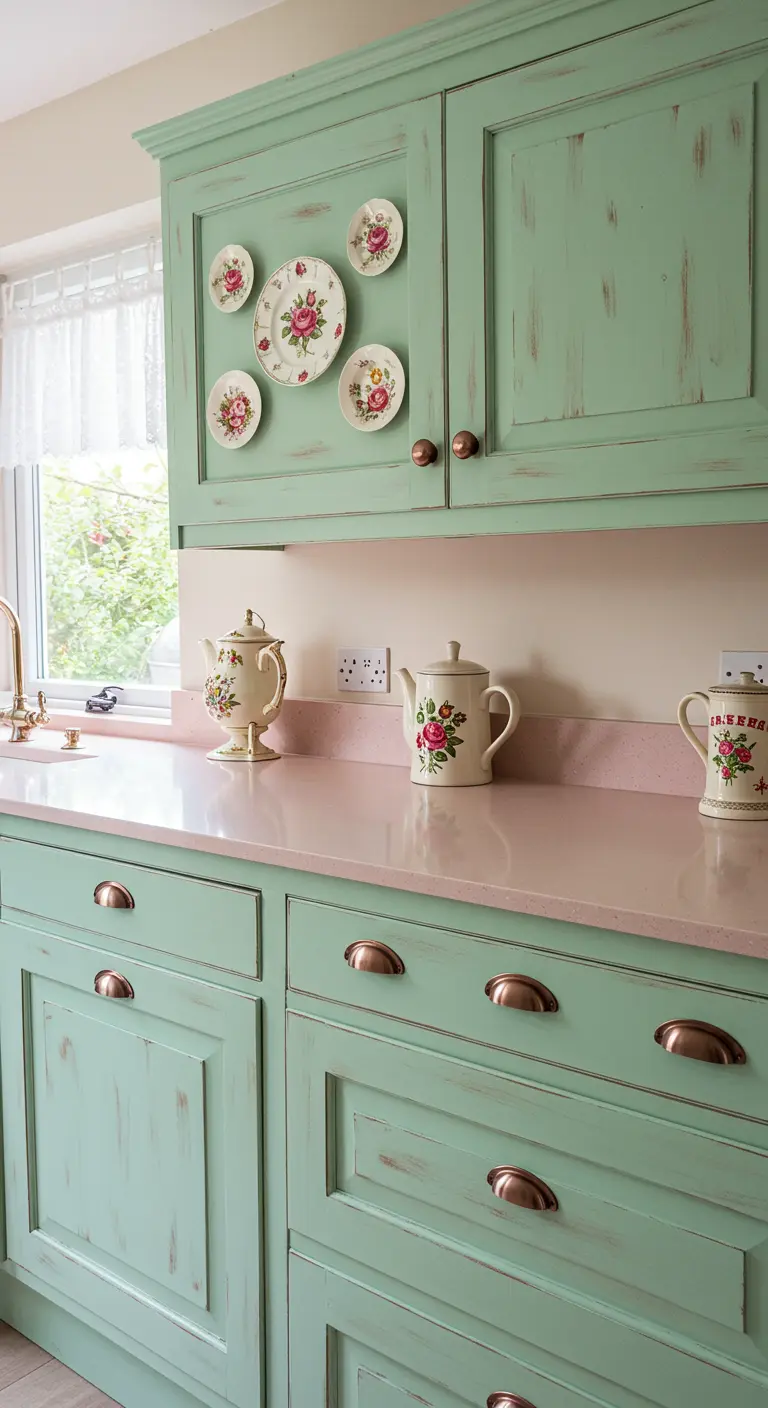 Country-style kitchen with distressed mint green cabinets and decorative floral plates.