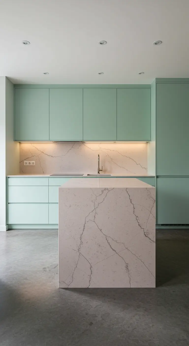 Minimalist mint kitchen with a dramatic white and gray waterfall quartz island.