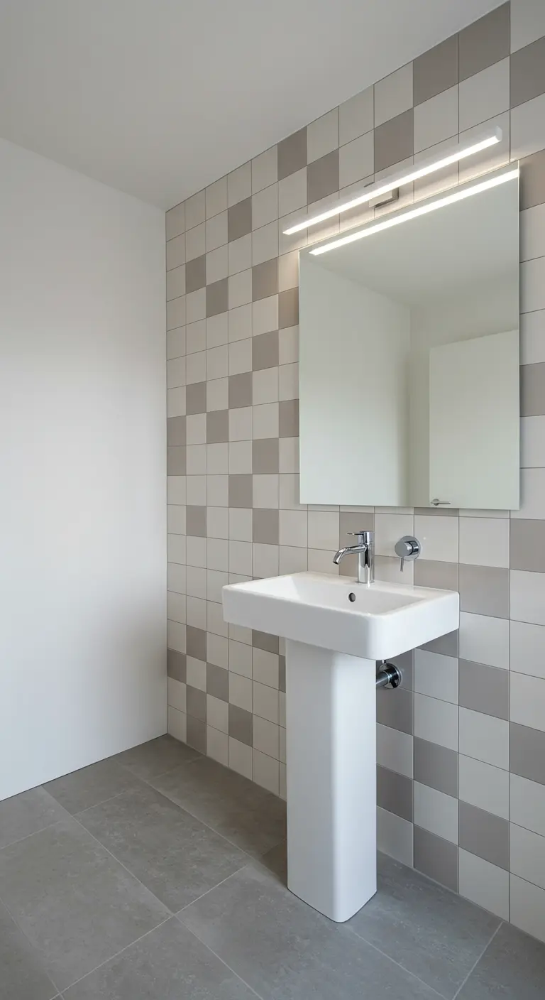 Minimalist bathroom with a muted grey and white checkerboard tile accent wall.