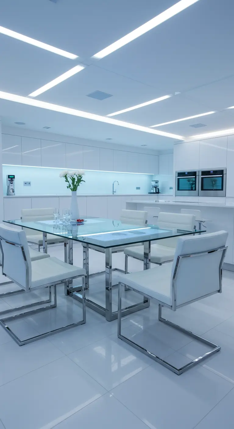 Futuristic all-white dining area with integrated ceiling lights and a glass table.