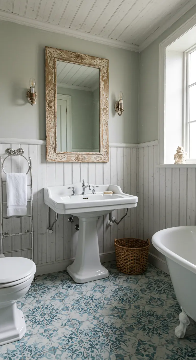 Bathroom with whitewashed wood walls and a distressed wood mirror.