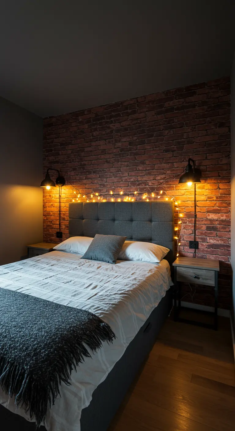 Bedroom with a faux brick wall, grey headboard, and warm string lights.