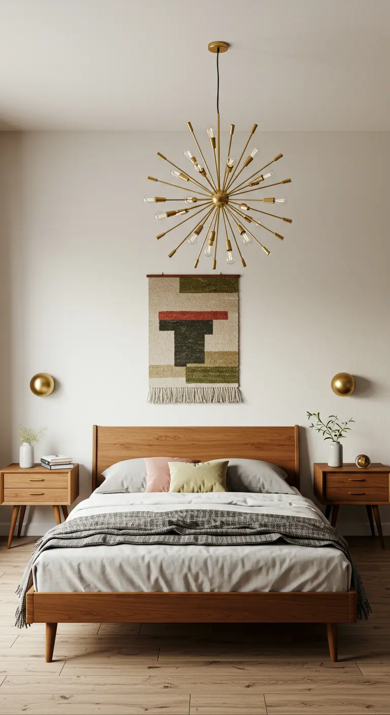Bedroom with a large sputnik chandelier over a walnut bed with a woven wall tapestry.