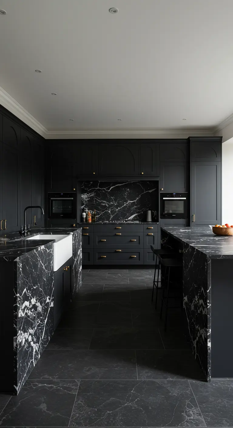 A symmetrical black marble kitchen with two waterfall islands and a white farmhouse sink.