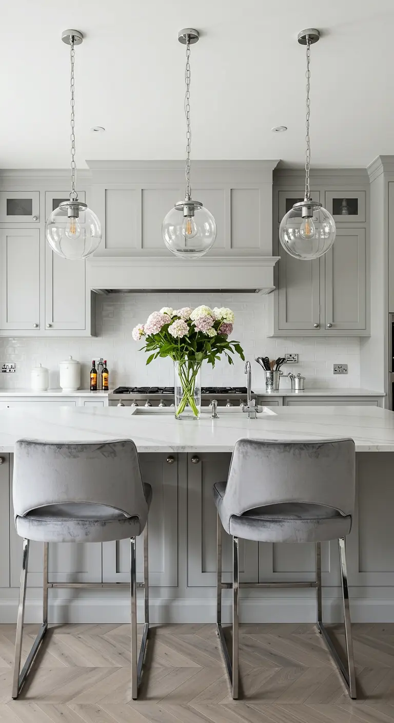 A monochromatic light grey kitchen with matching grey velvet stools and chrome accents.