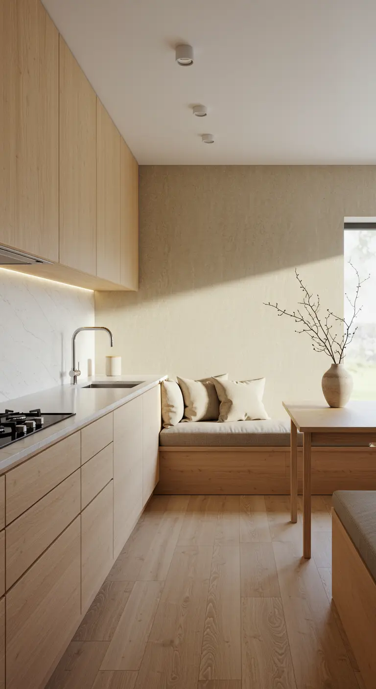 Minimalist kitchen with light wood cabinets and a matching dining nook.