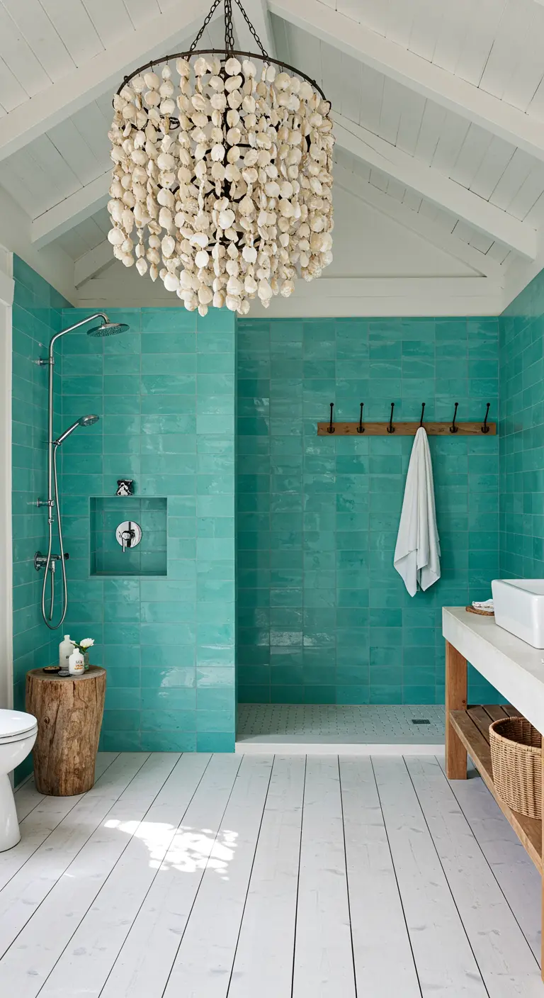 Minimalist bathroom with aqua tile shower and rustic wood accents.