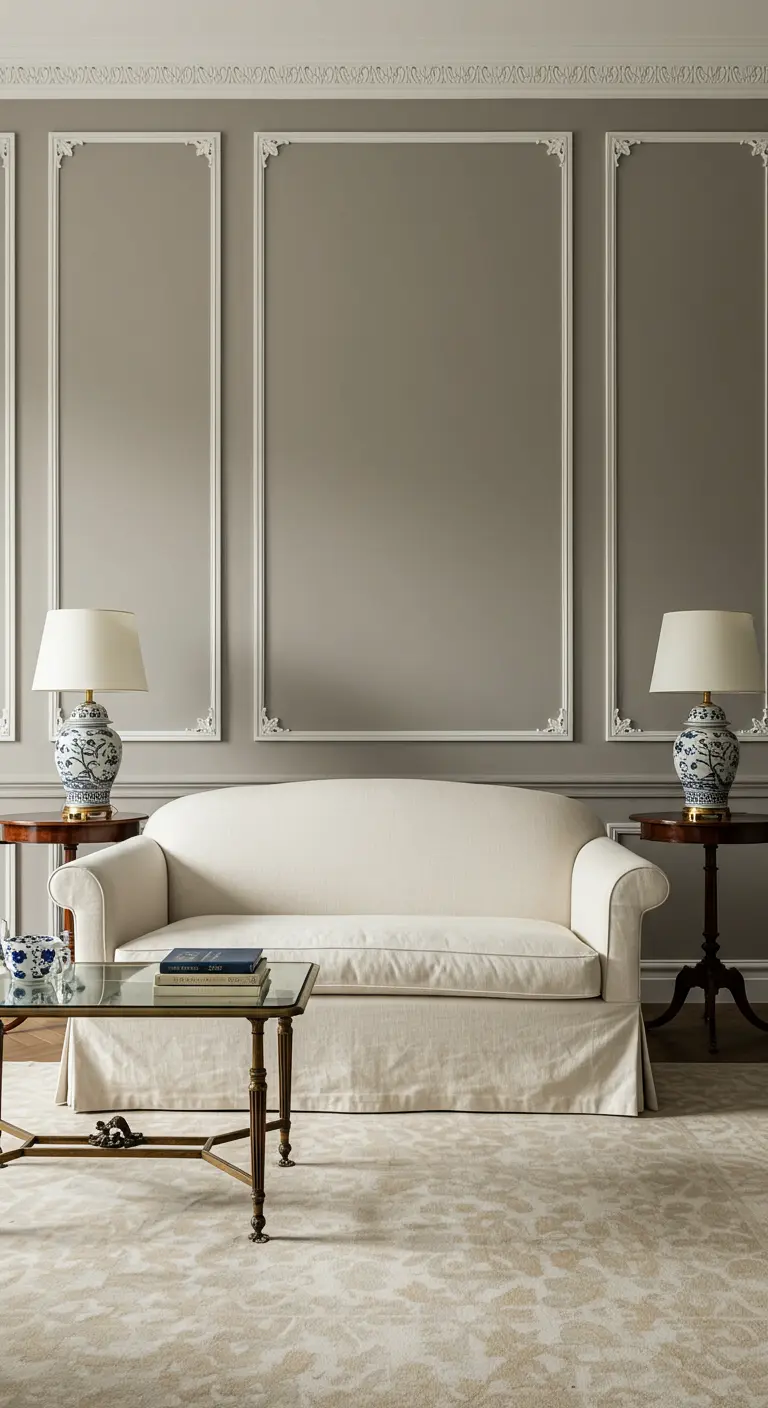 Symmetrical living room with a linen sofa flanked by matching tables and porcelain lamps.