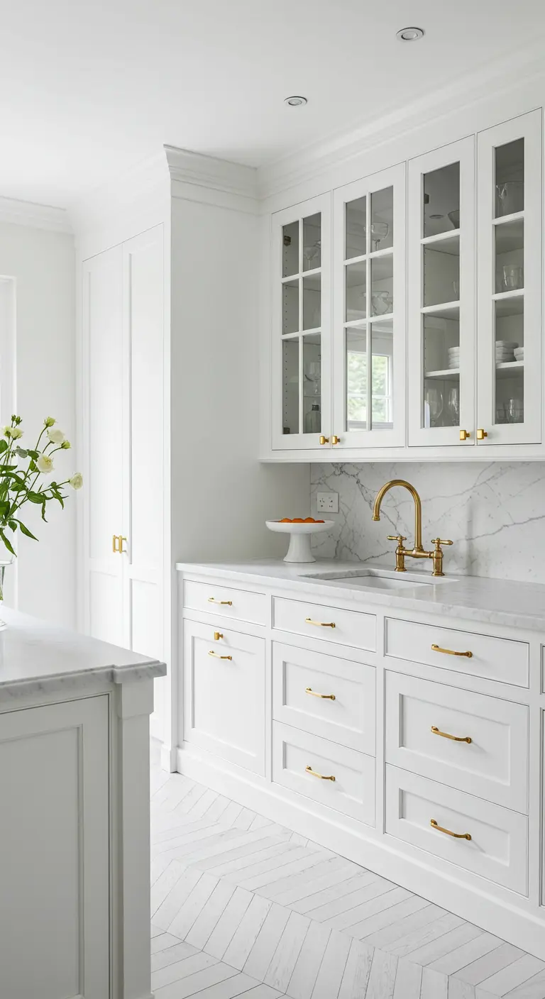 All-white kitchen with brass hardware, glass-front cabinets, and a white herringbone floor.