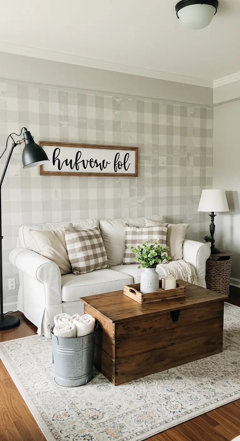 Farmhouse living room with a gray and white gingham wallpaper accent wall behind a white sofa.