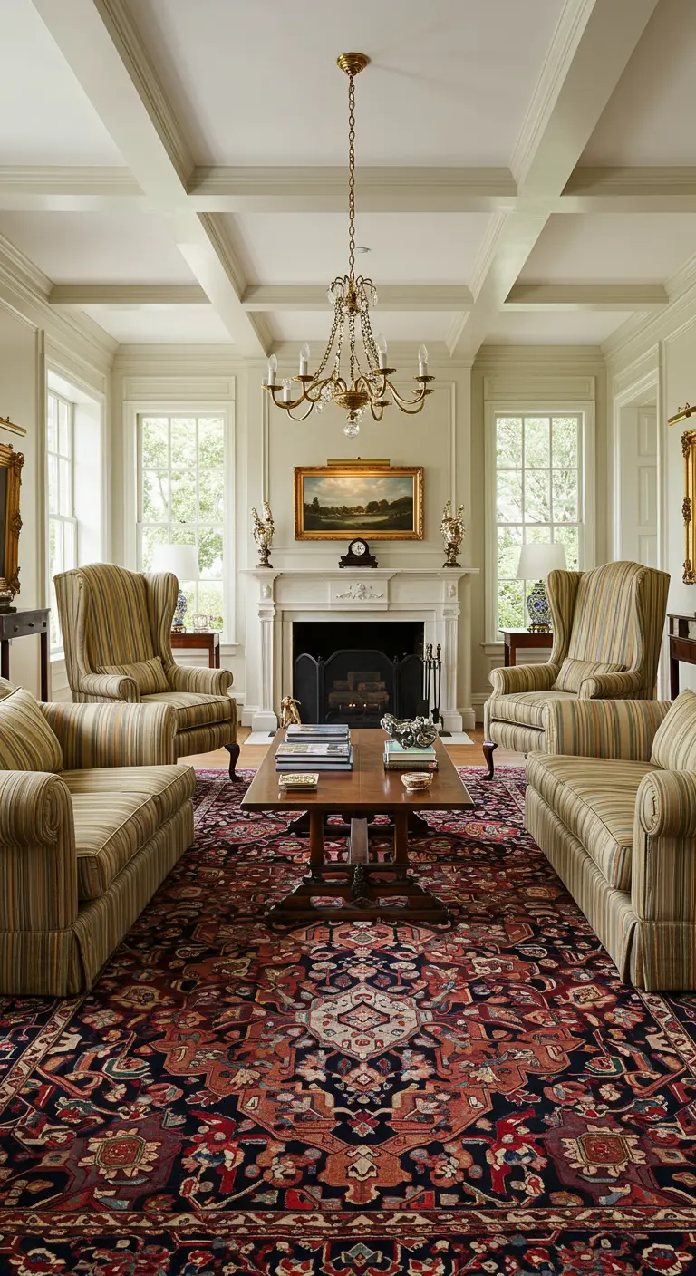 Symmetrical living room with two pairs of striped wingback chairs and sofas on a large Oriental rug.