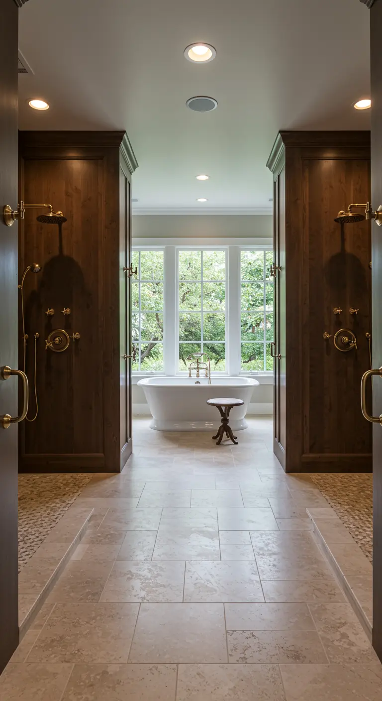 Symmetrical bathroom with two wood-paneled showers flanking a path to a freestanding tub.