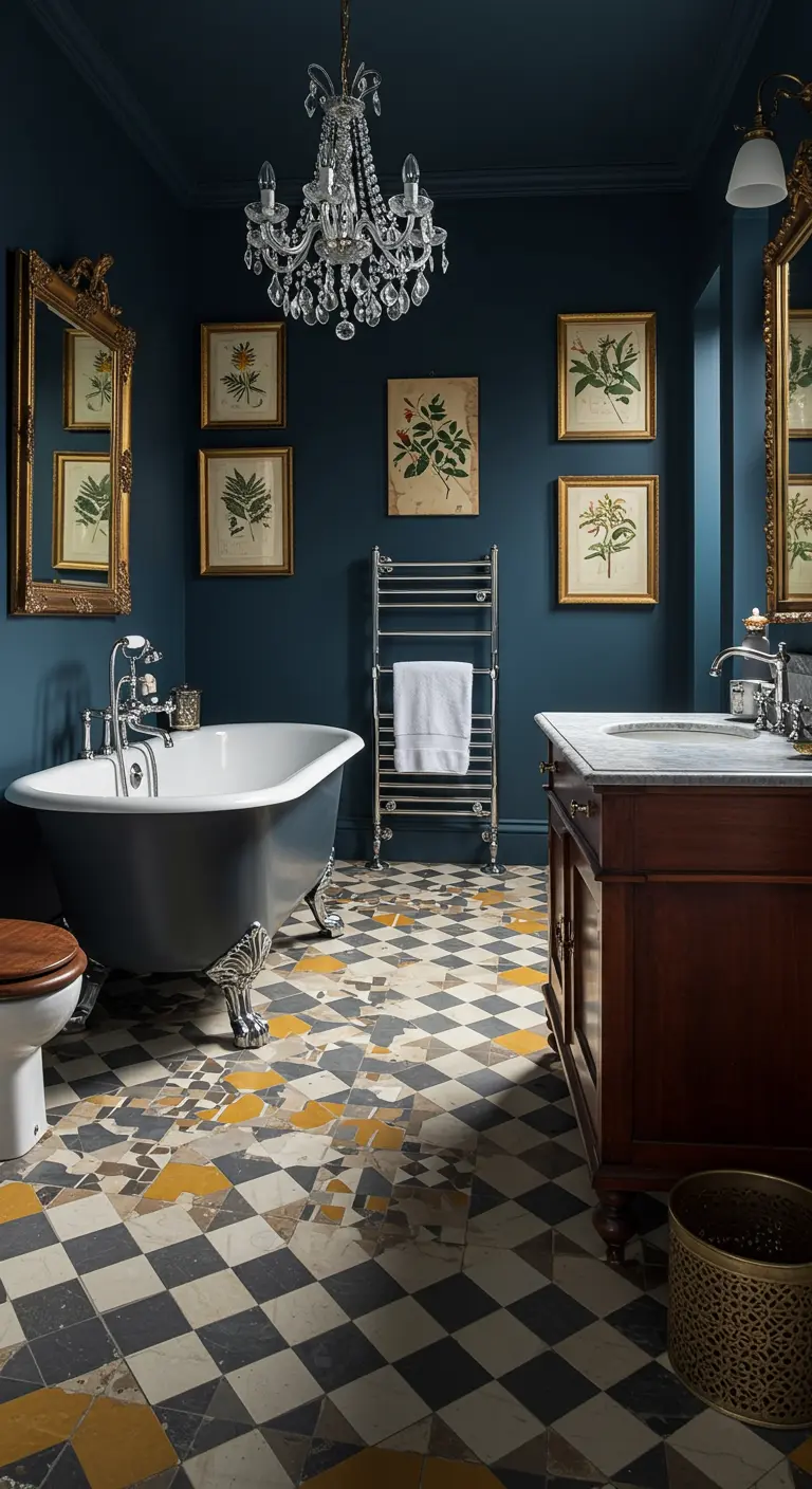 Dramatic navy blue bathroom with a checkerboard floor, crystal chandelier, and gold-framed art.