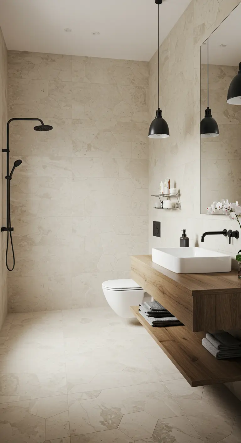 Monochromatic beige bathroom with a floating wood vanity, large-format tiles, and black pendant lights.