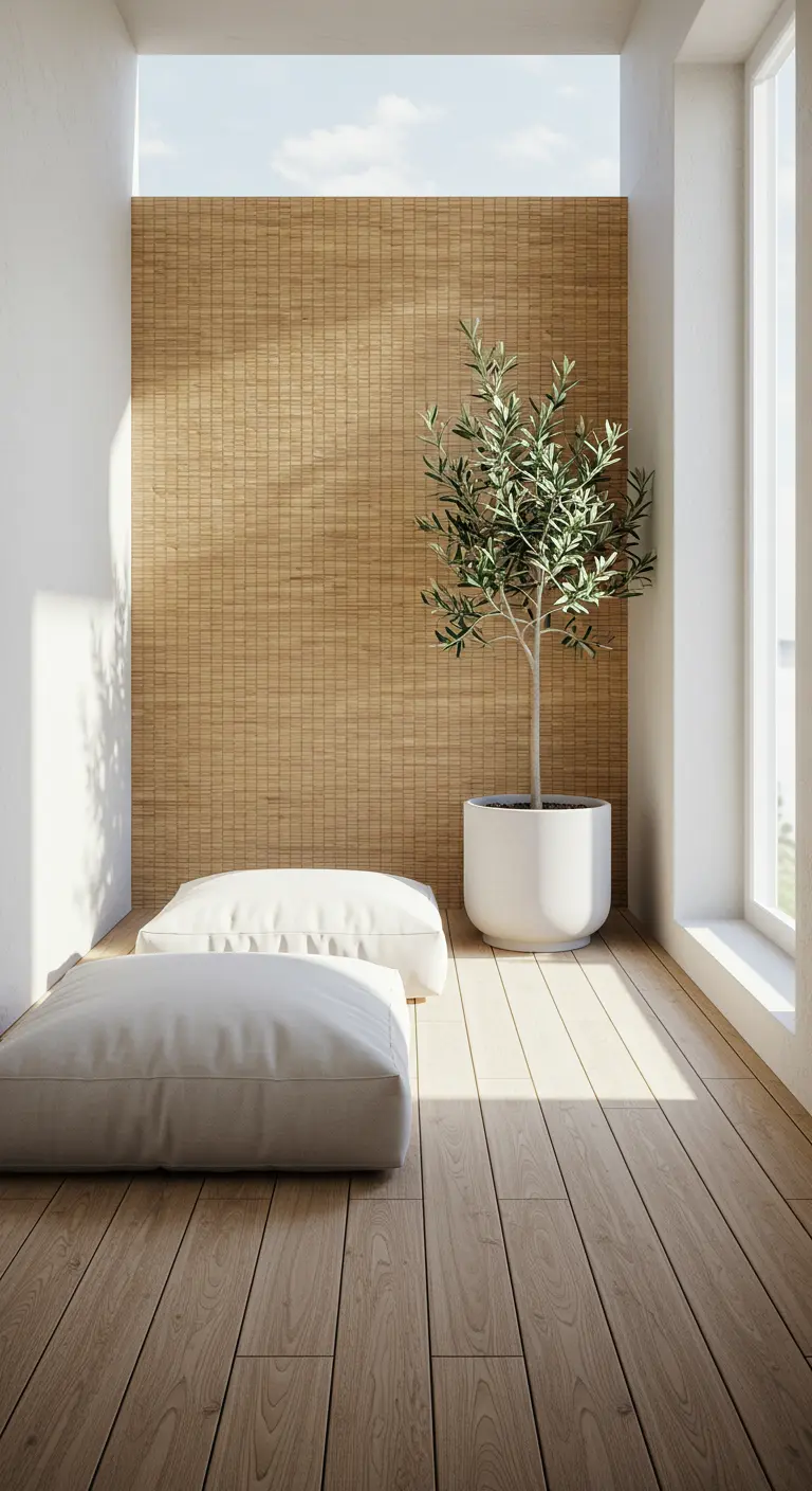 A minimal, sunlit balcony with a bamboo-tiled wall, two white cushions, and an olive tree.