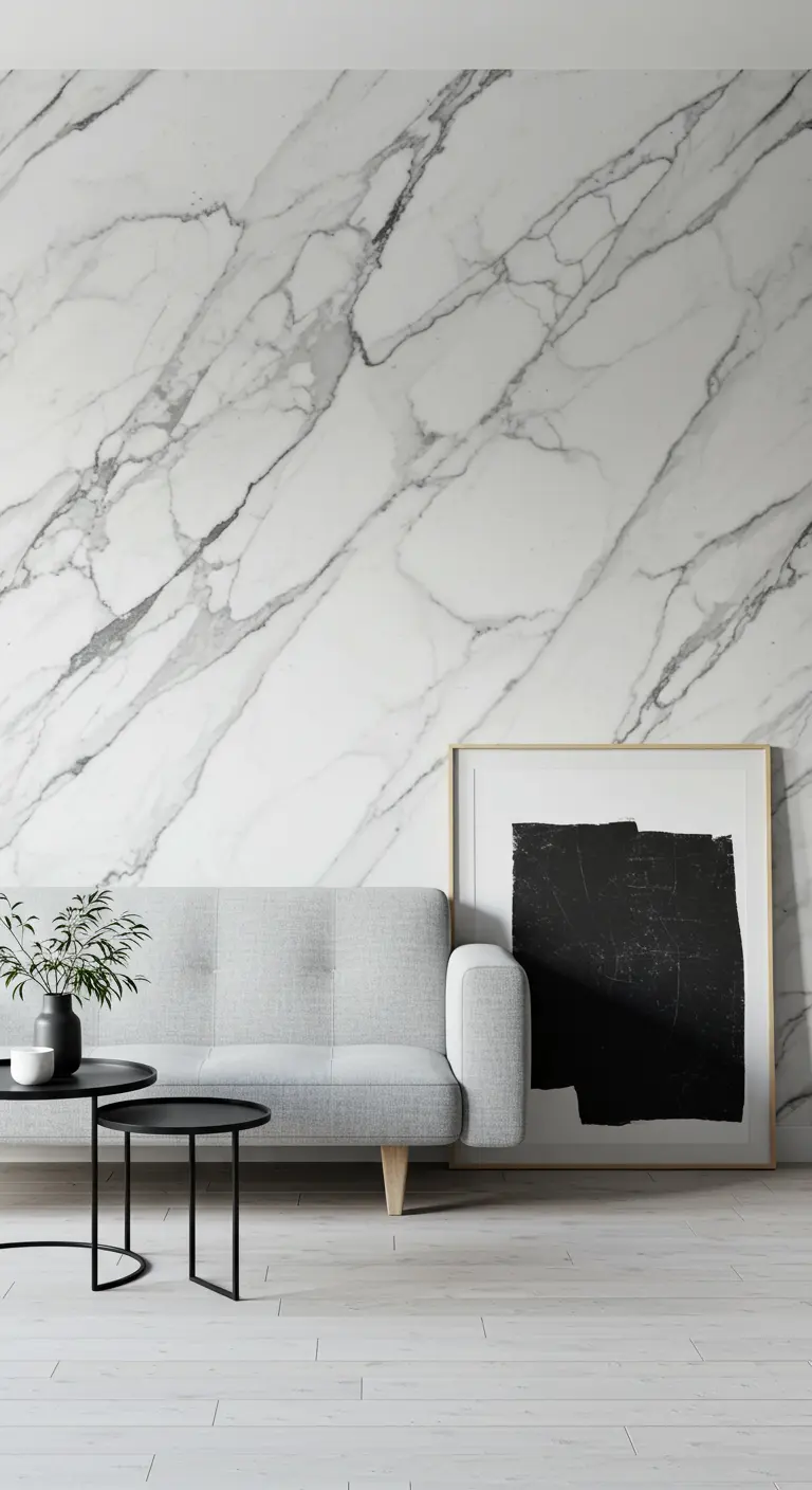 Minimalist living room with a white and gray marble wallpaper accent wall behind a gray sofa.