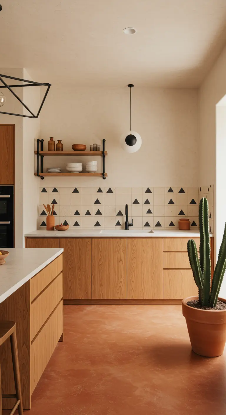 Desert modern kitchen with terra cotta floor and a minimalist triangle tile backsplash.