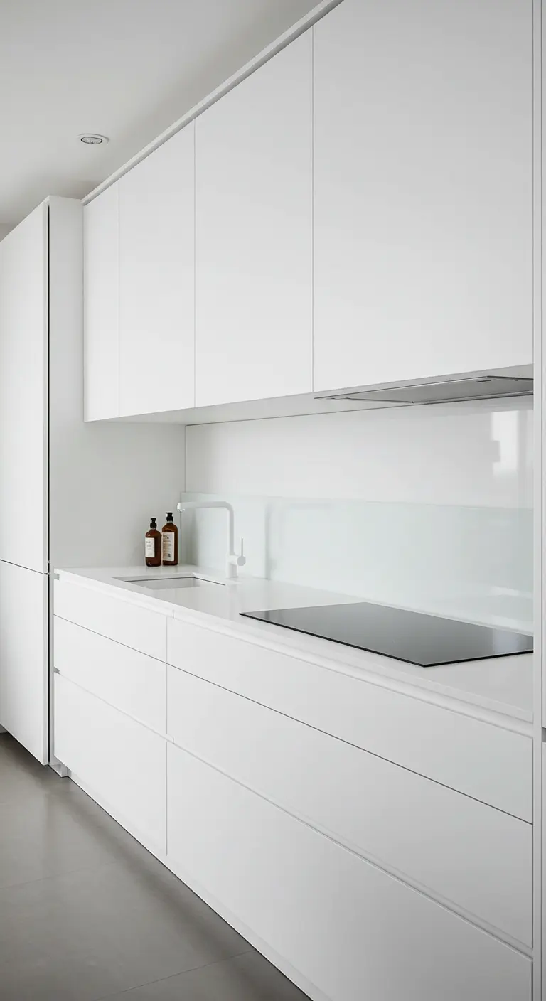 An extreme minimalist kitchen with a white faucet and white induction cooktop.